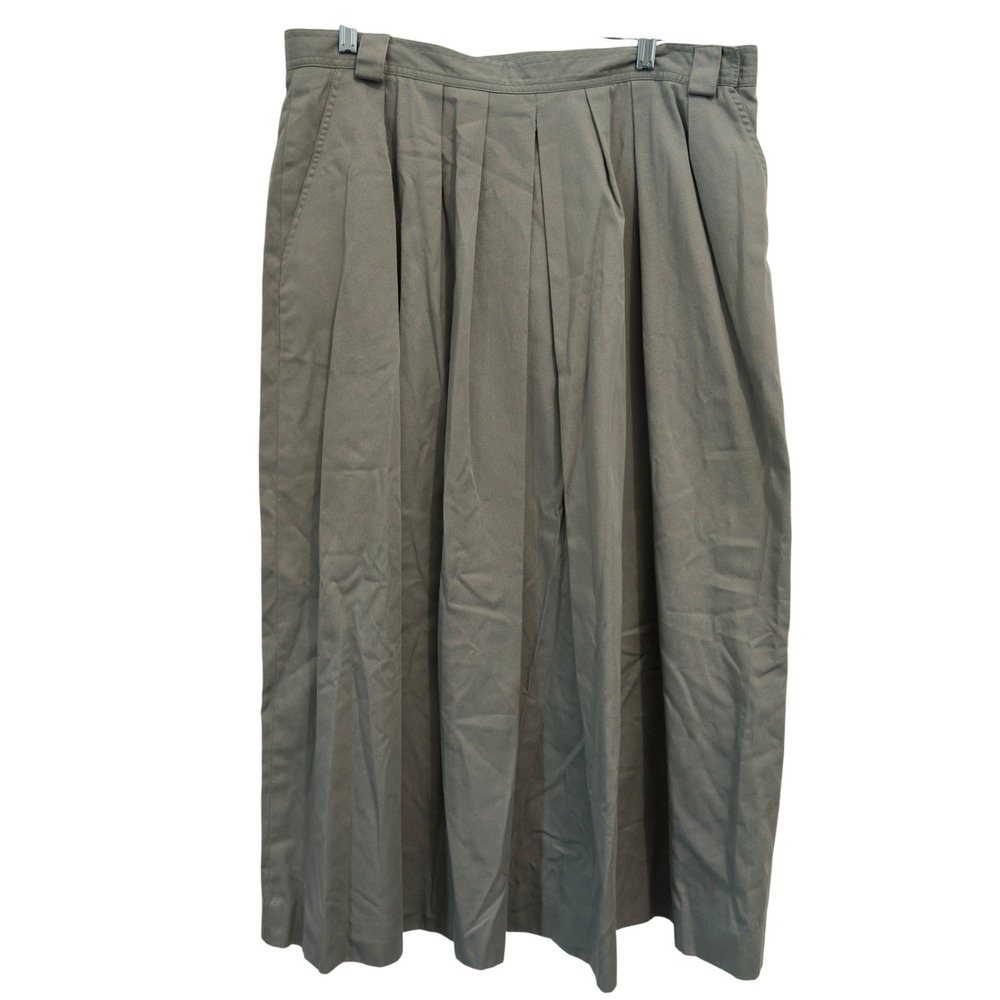 Lands End Vintage Midi Skirt 90s Sage Green Cotton Twill Pleated Plus Tall 20